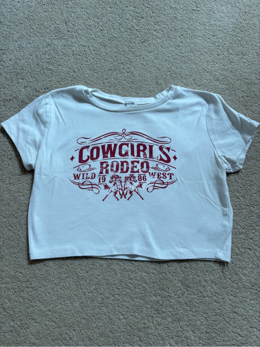 Garage White Crop Tee with Maroon Cowgirls Rodeo Graphic